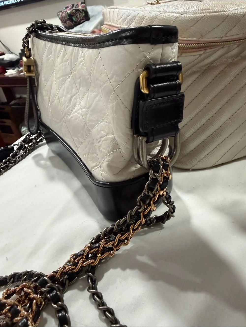 CHANEL Gabrielle Hobo Quilted two tone black-white aged calf skin small